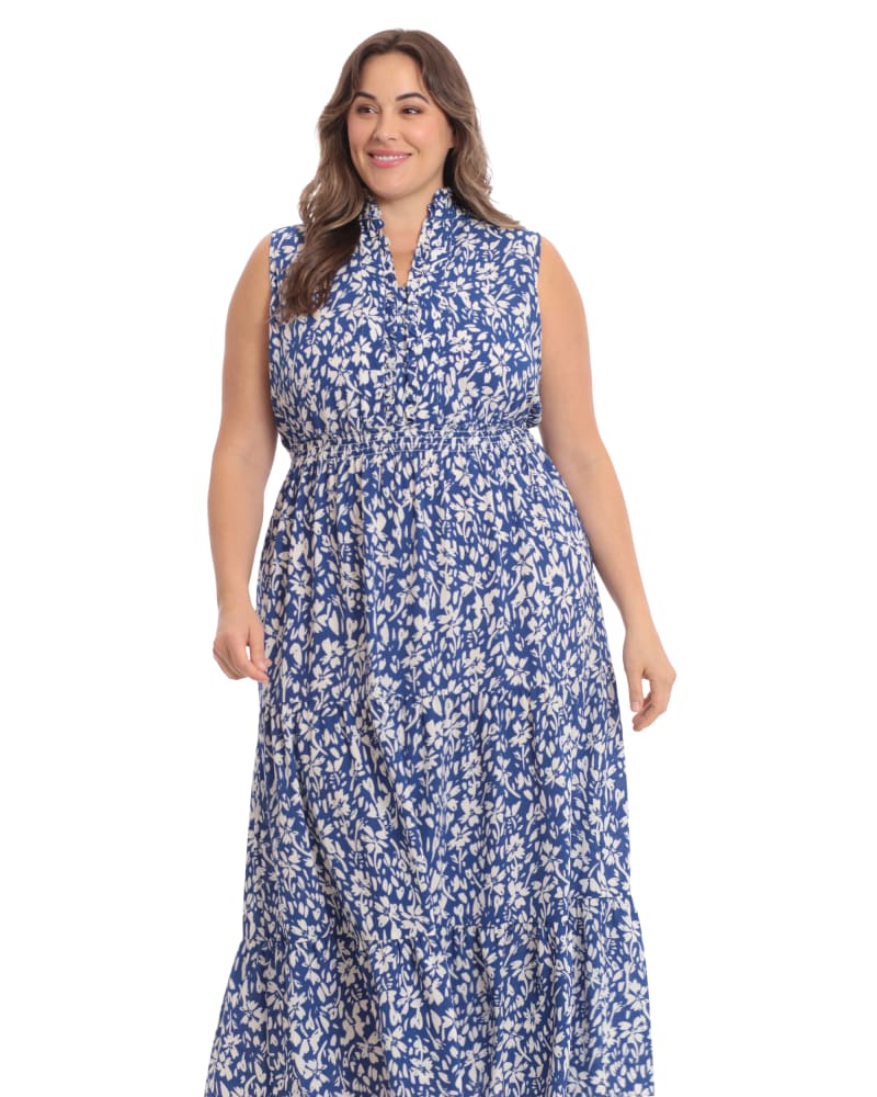 Front of a model wearing a size 18W Floral ruffle neck smocked waist halter tiered maxi dress in Blue/Ivory by London Times. | dia_product_style_image_id:268524